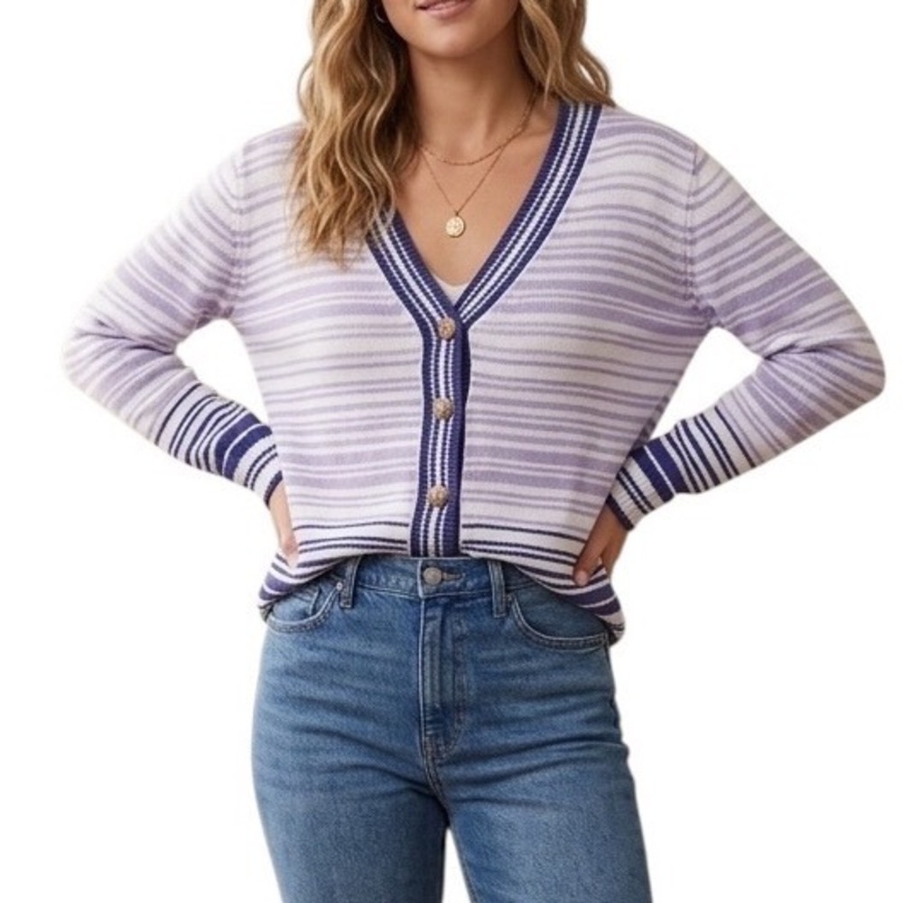 Nine West Womens Purple Striped V-Neck Button Front Cozy Chic Cardigan Sweater L